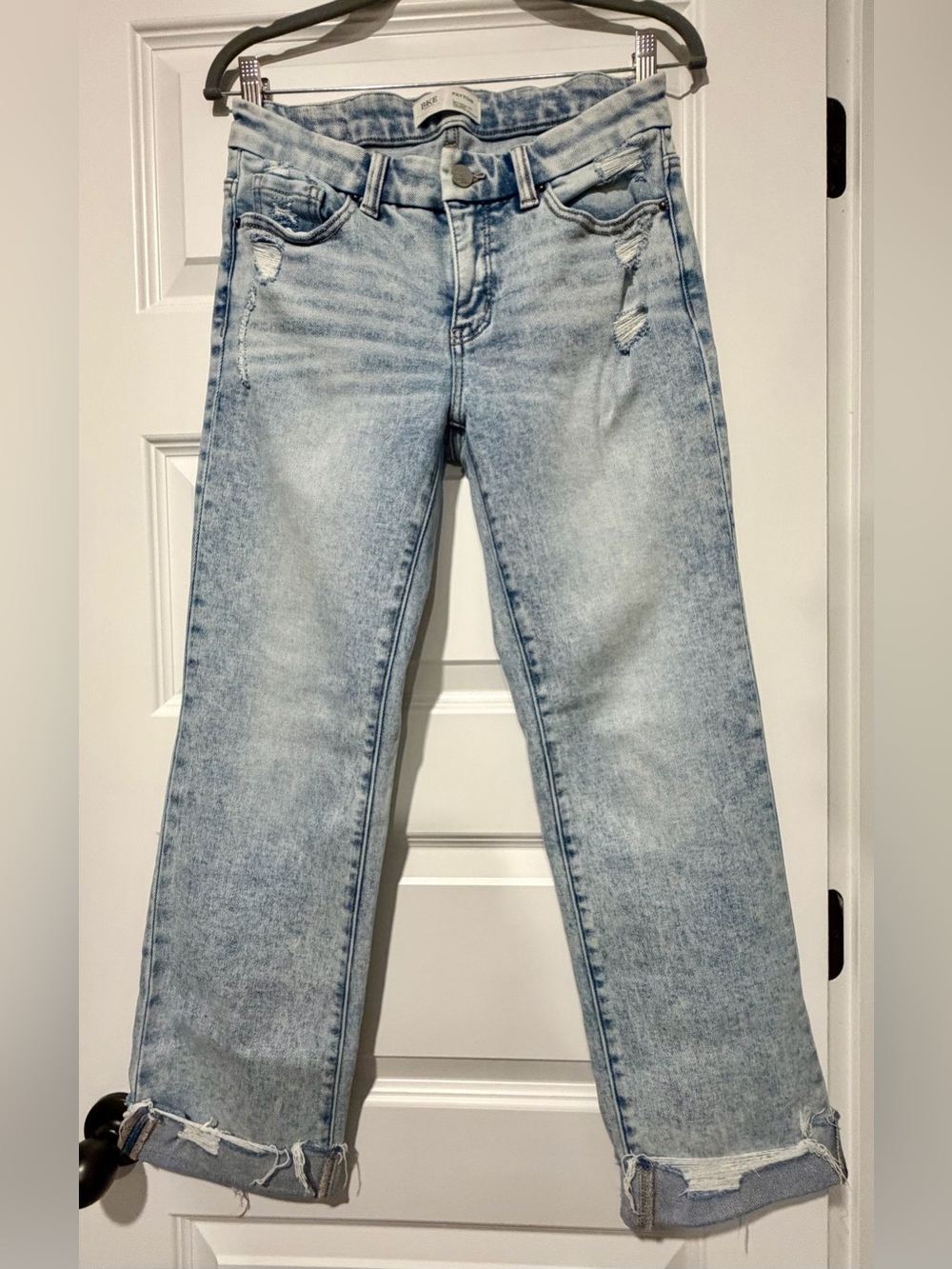 BKE Light Blue Straight Leg Jeans with Distressing